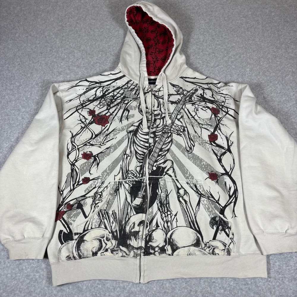 Apostasy Hoodie Mens 2XL Grey Skeleton Guitar Rose Graphic Full Zip Gothic